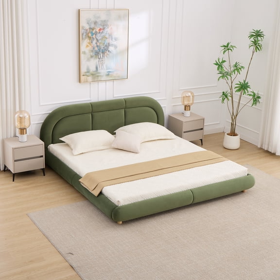 DRNANLIT King Size Modern Curved Upholstered Low Profile Platform Bed with Rounded Headboard Velvet, Soft Foam Padding, Sturdy Metal Frame & Wooden Slats, No Box Spring Needed, Green