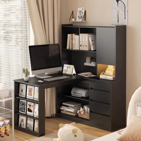 DRNANLIT L Shaped Desk with Charger, Drawers & Bookshelf, LED Light, White Corner Computer Desk for Home Office Gaming
