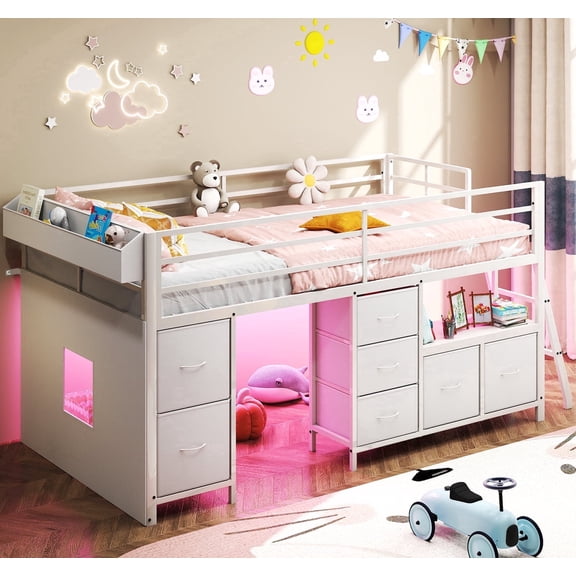 DRNANLIT White Twin Low Loft Bed with 7 Storage Drawers and Bookcase,LED Lights, 14" Safety Guardrail, Steel Slat Support, Under-Bed Space