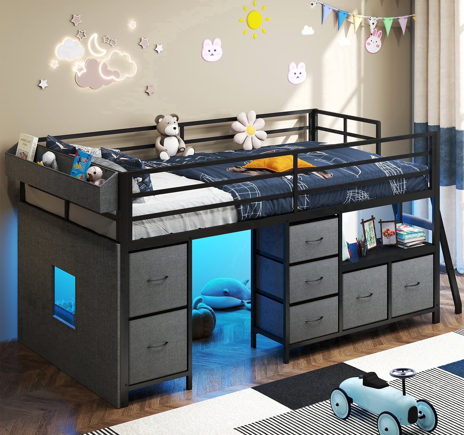 DRNANLIT Low Loft Bed with Storage, Twin, Gray, 14" H Safety Guardrail