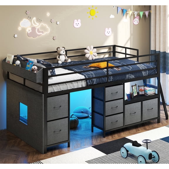 DRNANLIT Low Loft Bed with 7 Storage Drawers and Bookcase, Twin Low Loft Bed with 14" H Safety Guardrail, Inclined Ladder and LED Lights, Under-Bed Play Space, Steel Slat Support, Gray