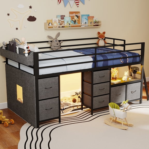 DRNANLIT Low Loft Bed Twin Size with 7 Storage Drawers, Bookcase and LED Lights, Metal Loft Bed Frame with 14" H Safety Guardrail,Inclined Ladder and Play Curtain, Under-Bed Play Space, Black