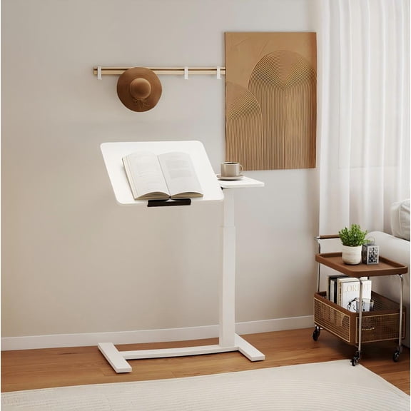 DRNANLIT Mobile Adjustable Standing Desk, Overbed Bedside Desk with Flip Desktop & 4 Wheels, Portable Laptop Table, White