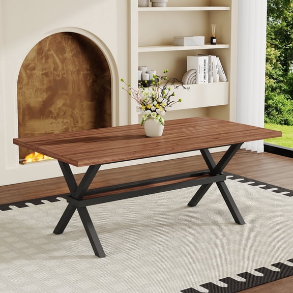 DRNANLIT Modern Industrial Dining Table with Walnut Wood Grain and Black Metal Frame - 71 x 35.4 Inches, Seats 6-8, Multi-Functional Design with Hidden Storage