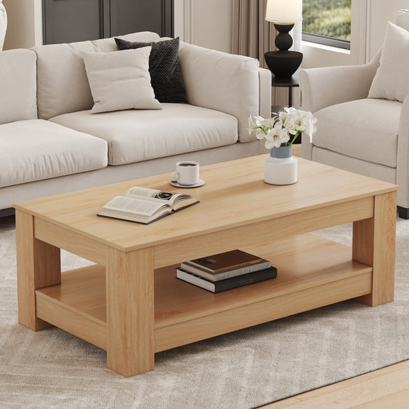 DRNANLIT Modern Natural Wood Double Layer Coffee Table, Industrial Rectangular Wooden Table with Storage, 250LBS Load Bearing for Living Room Study