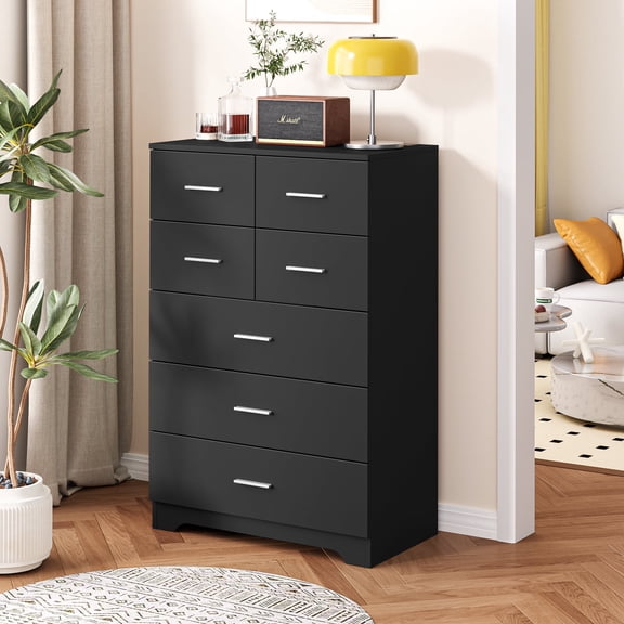 DRNANLIT Multi-Functional 7-Drawer Storage Cabinet with Built-In Outlet, Durable Wooden Construction, Modern Stylish Design, Space-Saving, Black