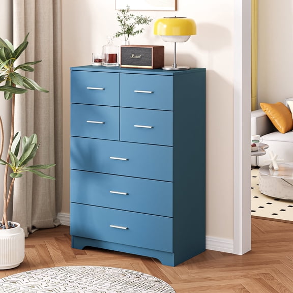 DRNANLIT Multi-Functional 7-Drawer Storage Cabinet with Built-In Outlet, Durable Wooden Construction, Modern Stylish Design, Space-Saving, Blue