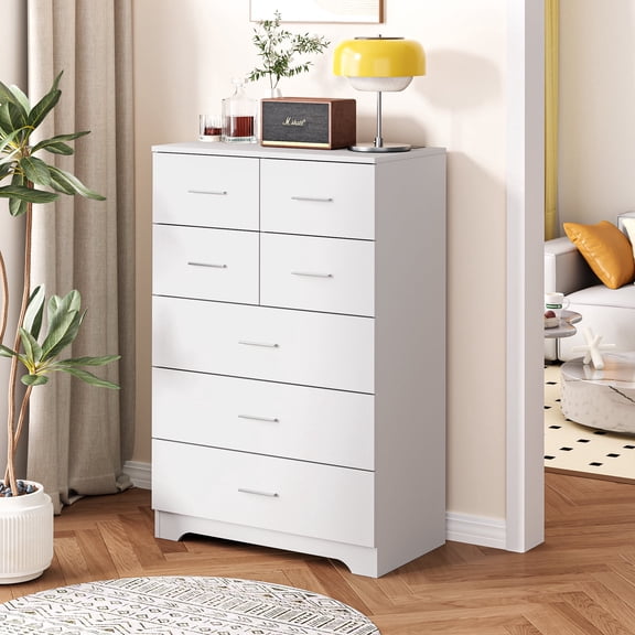 DRNANLIT Multi-Functional 7-Drawer Storage Cabinet with Built-In Outlet, Durable Wooden Construction, Modern Stylish Design, Space-Saving, White