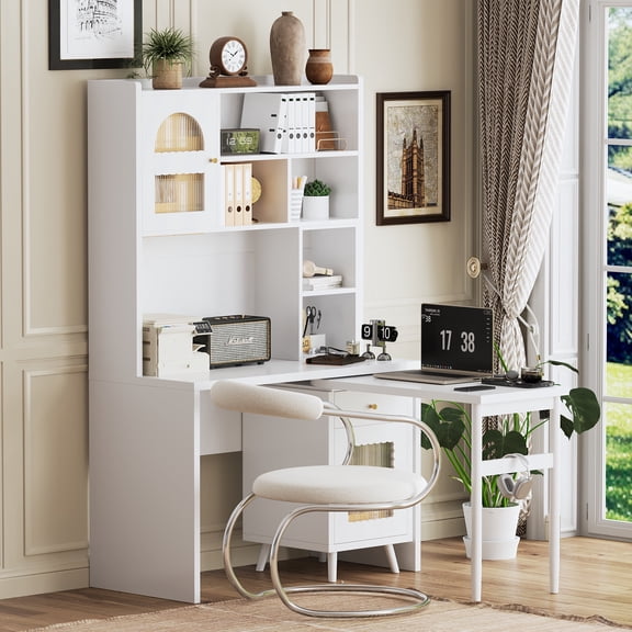 DRNANLIT Multi-Functional L-Shaped Computer Desk for Home Office, Study, Gaming, with Drawers & Storage Cabinets, Space-Saving Corner Workstation, White
