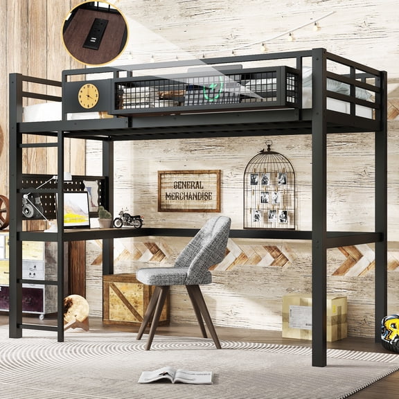 DRNANLIT Multifunctional Twin XL Size Loft Bed with Side Clock, Storage Basket, and Desk, Modern Minimalist Design Bed with Charging Port
