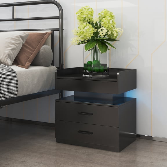 DRNANLIT Nightstand with Adjustable RGB LED Light Strip, 2 Drawers & Open Compartment, Modern Wooden Side Table End Table for Bedroom Living Room, Black