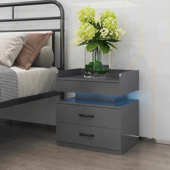 DRNANLIT Nightstand with Adjustable RGB LED Light Strip, 2 Drawers & Open Compartment, Modern Wooden Side Table End Table for Bedroom Living Room, Gray