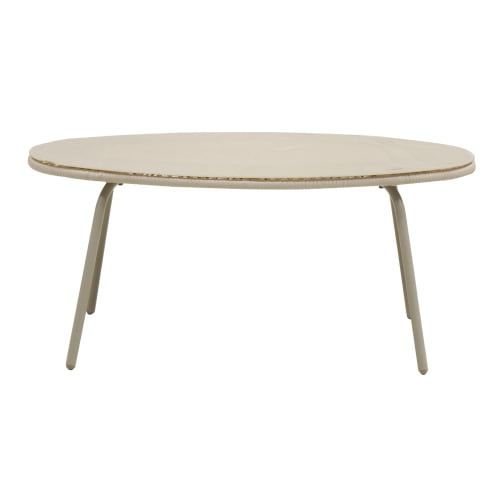 DRNANLIT Off-White 31.5" Round Outdoor Dining Table PE Rattan Glass 165lbs Capacity