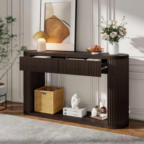 DRNANLIT Oval Fluted Console Table with 2 Drawers & Bottom Shelf, Wood Entryway Table, Espresso