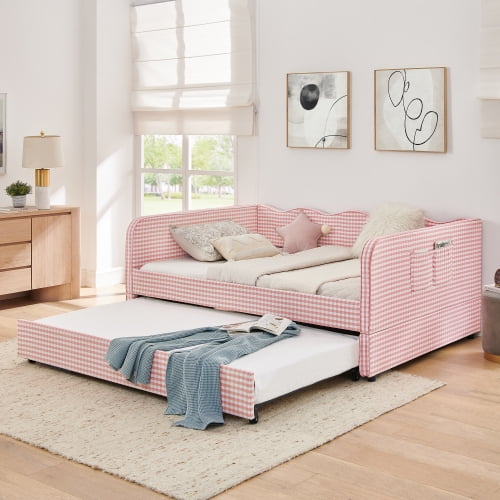 DRNANLIT Pink Full-Size Daybed, Gingham 3-in-1 Convertible Sofa Bed with Pull-Out Trundle and Side Storage Pockets