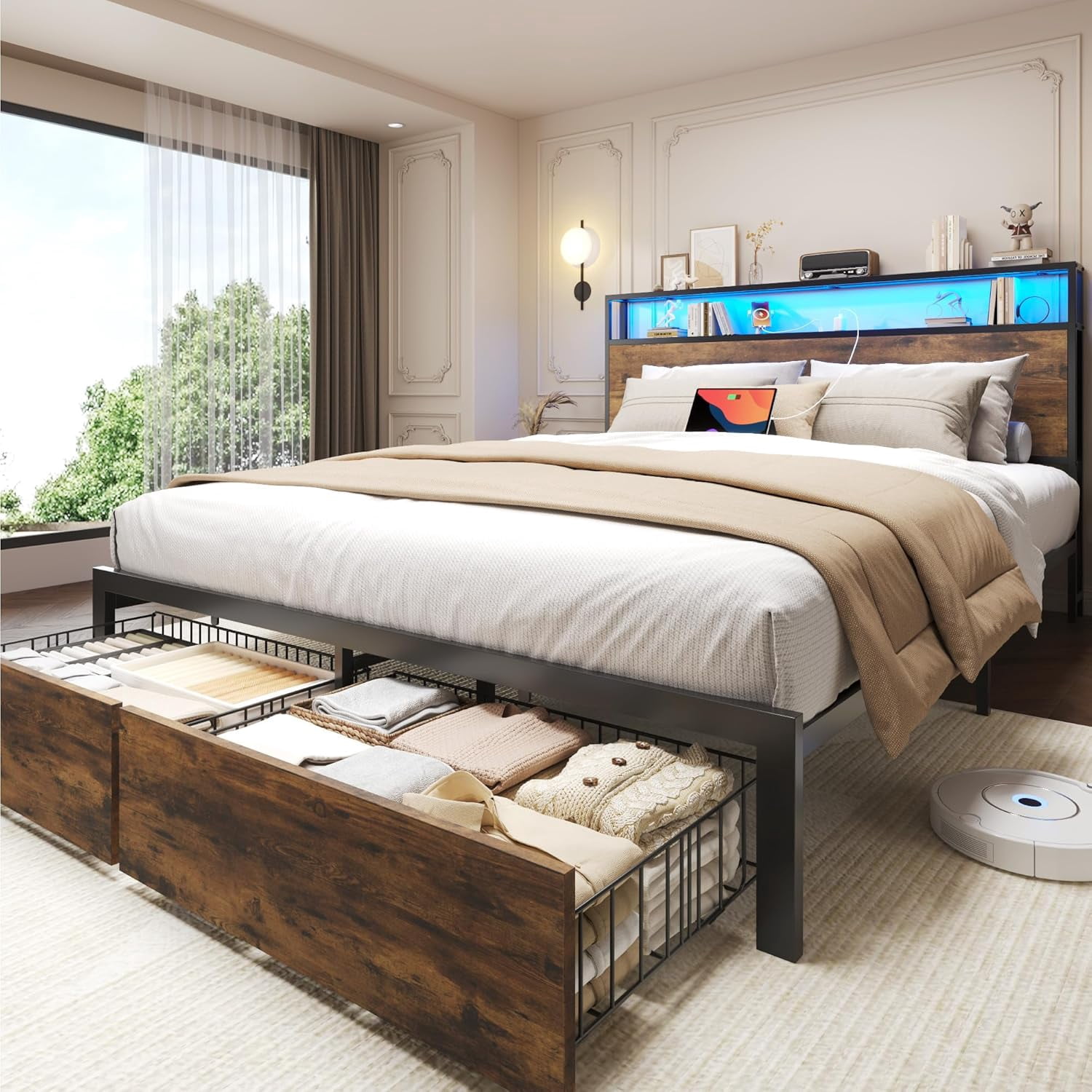 DRNANLIT Queen Bed Frame with 2-Tier Storage Headboard, Metal Bed Frame with 2 Drawers & Built-in Charging Station & LED, Noise-Free, No Box Spring Needed, Easy Assembly,Brown