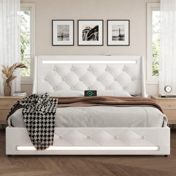 DRNANLIT Queen Bed Frame with LED Lights, Upholstered Bed Frame with Charging Station, Platform Bed with Diamond Headboard, Wooden Slats, Easy Assembly, Noise Free, No Box Spring Needed, White