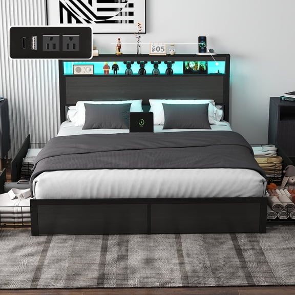DRNANLIT Queen Bed Frame with Storage Headboard and 4 Drawers, Metal Platform Bed Frame with LED Light, Charging Station, No Box Spring Needed, Noise Free, Easy Assembly, Dark Grey