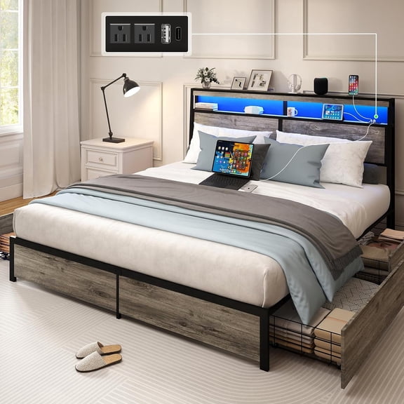 DRNANLIT Queen Bed Frame with 4 Storage Drawers ,2-Tier Storage Headboard, Metal Platform Bed Frame, Built in Charging Station & LED Light, Grey