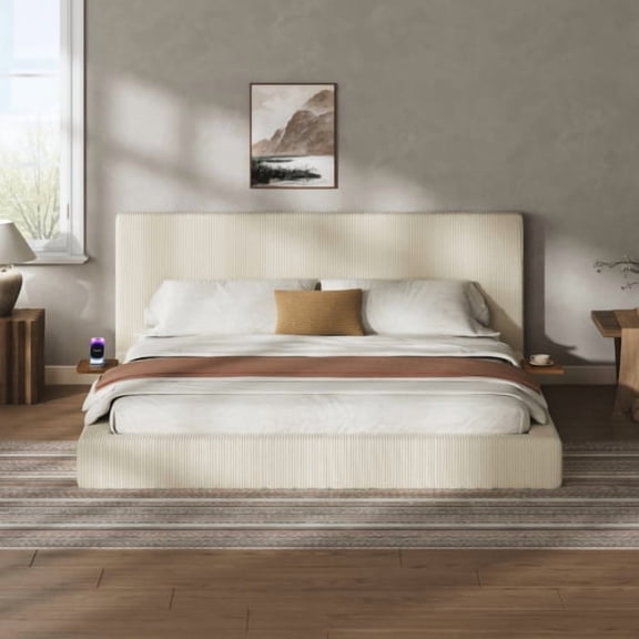 DRNANLIT Queen Bed Frame with Adjustable Side Shelves, Corduroy Cloud Cushion, Cream White