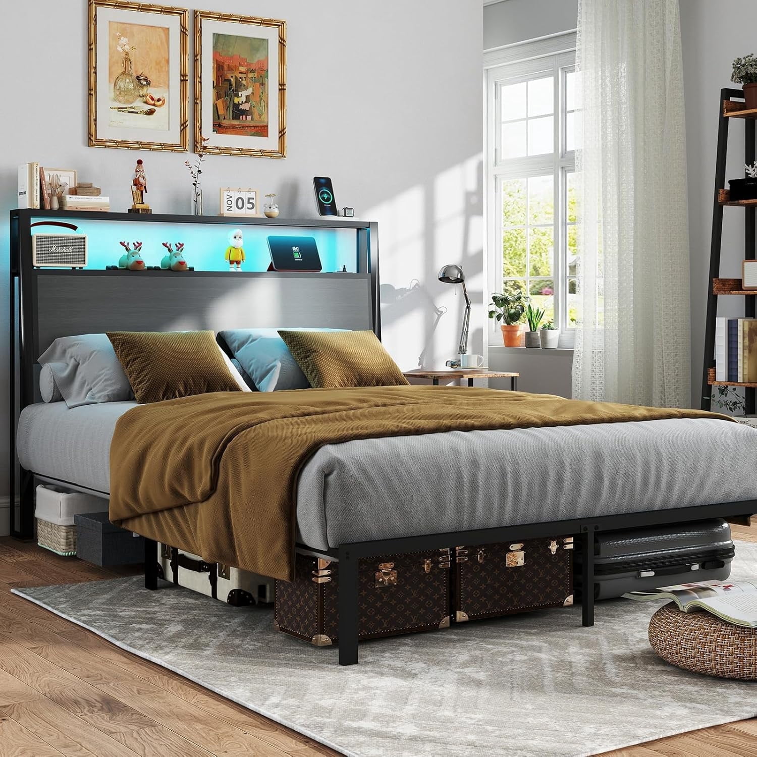 DRNANLIT Queen  Bed Metal Platform Bed Frame with LED Lights Storage Headboard＆Charging Station,Noise Free, Easy Assembly, Dark Grey