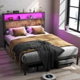 thumbnail image 1 of DRNANLIT Queen Size Bed Frame with 2-Tier Solid Wood Headboard Storage with Charging Station,Metal Platform Bed with 12 Color LED Lights, Noise Free, No Box Spring Needed Remote Control/Vintage Brown, 1 of 9