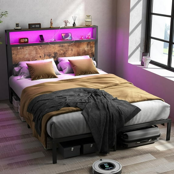 DRNANLIT Queen Size Bed Frame with 2-Tier Solid Wood Headboard Storage with Charging Station,Metal Platform Bed with 12 Color LED Lights, Noise Free, No Box Spring Needed Remote Control/Vintage Brown