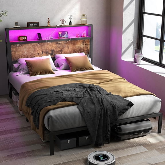 DRNANLIT Queen Size Bed Frame with 2-Tier Solid Wood Headboard Storage with Charging Station,Metal Platform Bed with 12 Color LED Lights, Noise Free, No Box Spring Needed Remote Control/Vintage Brown