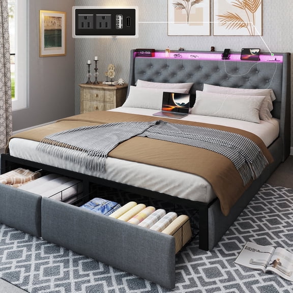 DRNANLIT Queen Size Bed with Headboard, 2 Drawers, LED Lights, Charging Station, Upholstered Wingback, Noise Free, No Box Spring Needed, Grey