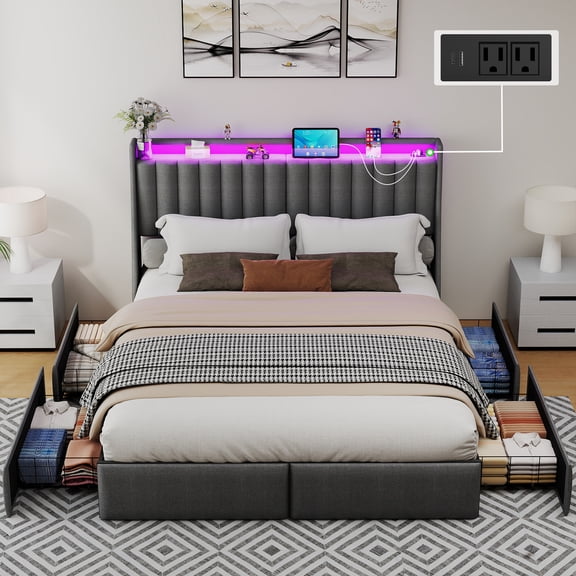 DRNANLIT Queen Size Bed Frame with Headboard and 4 Storage Drawers, Upholstered Wingback Metal Platform Bed with LED Lights and Charging Station, No Box Spring Needed, Gray