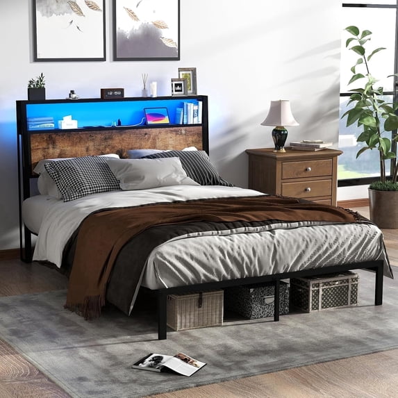 DRNANLIT Queen Size Bed Frame with Headboard, LED Lights, Charging Station & Under Bed Storage, Vintage Brown
