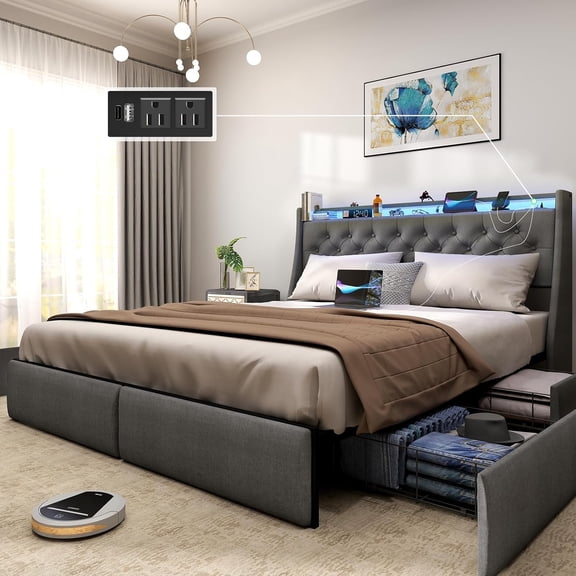 DRNANLIT Queen Size Bed Frame with Charging Station , LED Light Upholstered Bed with 4 Storage Drawers,Grey