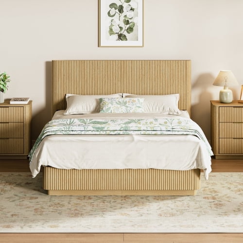 DRNANLIT Queen Size Bed Frame with LED Lights, Modern Wooden Corrugated Curved Lines, Convex Groove Board Design, Oak