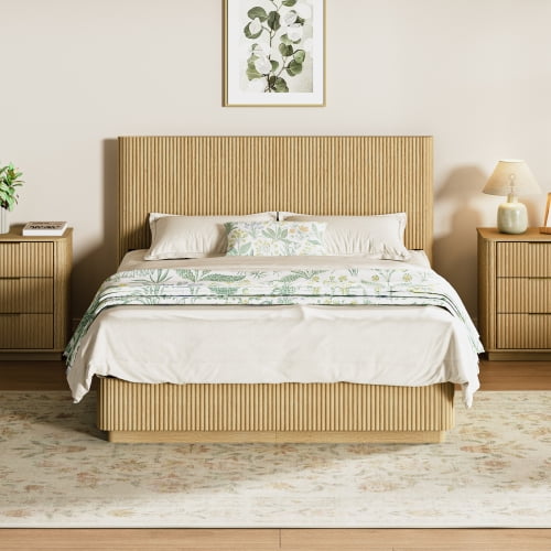 DRNANLIT Queen Size Bed Frame with LED Lights, Modern Wooden Corrugated Curved Lines, Convex Groove Board Design, Oak