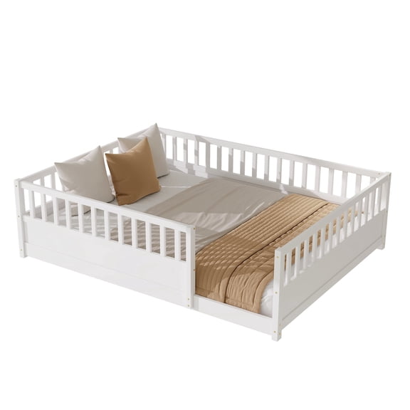 DRNANLIT Queen Size Montessori Floor Bed with Full Safety Guardrails, Solid Wood Construction, 300 lb Weight Capacity, Low Profile Design (Mattress Not Included)
