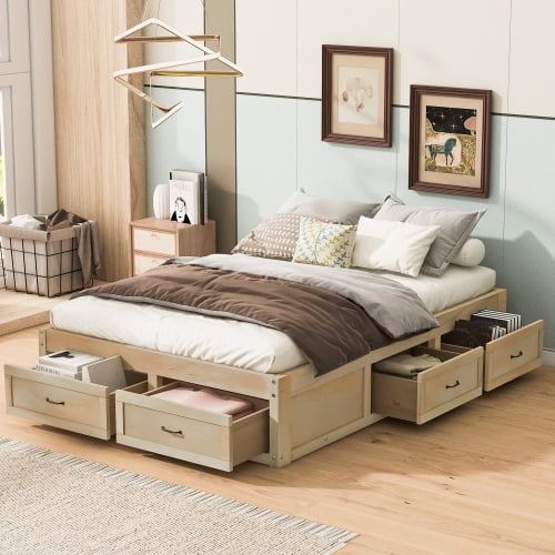 DRNANLIT Queen Size Platform Bed Frame with 6 Storage Drawers and Footboard Storage Cubby, No Headboard, Modern Space-Saving Design,Antique Natural