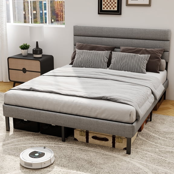 DRNANLIT Queen Size Platform Bed Frame with Fabric Upholstered Headboard, No Box Spring Needed, Grey