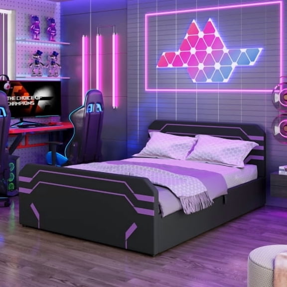 DRNANLIT Queen Size Upholstered Gaming Bed with Hydraulic Storage, Cyberpunk Pattern, Side-Lift Platform Bed, Purple+Black