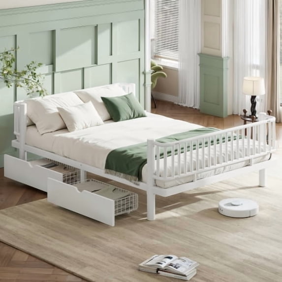 DRNANLIT Queen Size White Platform Bed with Storage Drawers, Metal Daybed Frame, Low Profile