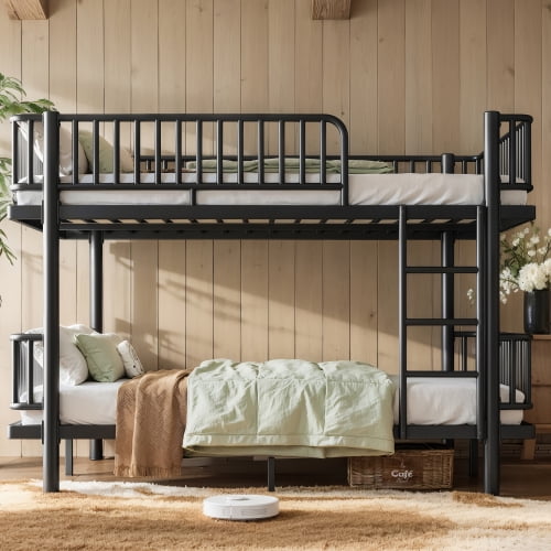 DRNANLIT Queen over Queen Bunk Bed with Ladders & Guardrails, Metal Frame Round-Pipe Design, Transforms into 2 Platform Beds, Black