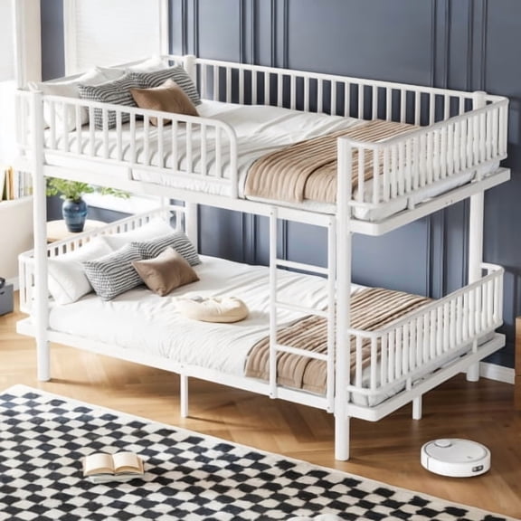 DRNANLIT Queen over Queen Bunk Bed with Ladders & Guardrails, Metal Frame Round-Pipe Design, Transforms into 2 Platform Beds, White