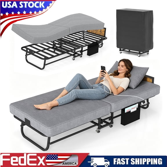 DRNANLIT Rollaway Bed Folding Bed with Mattress for Adults & Guest with Sturdy Metal FrameHeadboard & Charging Station for Adults & Guest with Sturdy Metal Frame