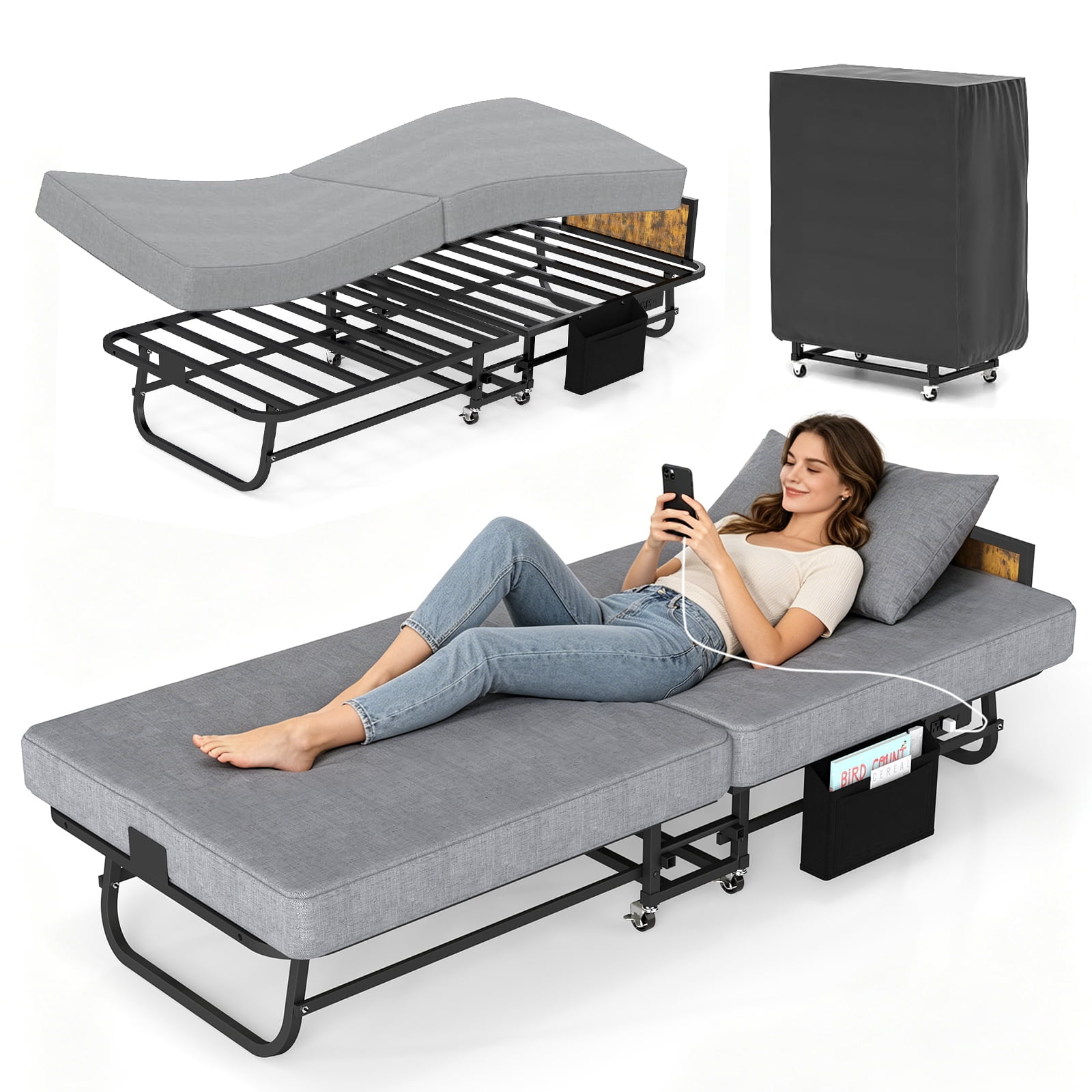 DRNANLIT Rollaway Bed Folding Bed with 6cm Foam Mattress,Headboard & Charging Station for Adults & Guest with Sturdy Metal Frame