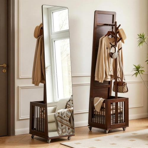 DRNANLIT Rolling Coat Rack, Solid Wood with Storage Basket, Mirror & Lockable Casters, Walnut Finish for Entryway