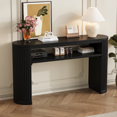 DRNANLIT Rustic Console Table with Fluted Legs, Farmhouse Entryway Sofa Table, Oval Ash Veneer Top, Open Shelf – Black