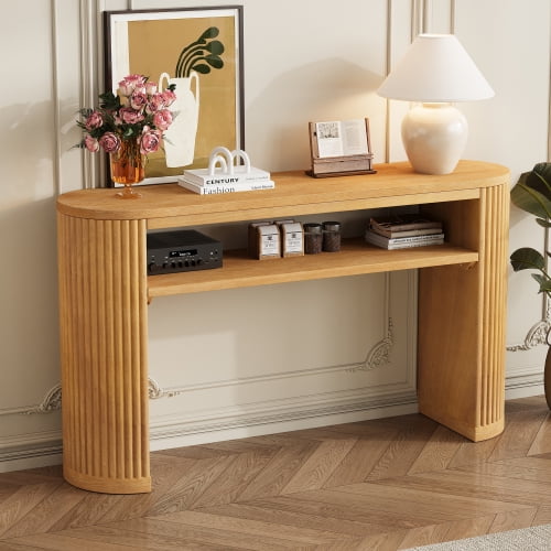 DRNANLIT Rustic Console Table with Fluted Legs, Farmhouse Entryway Sofa Table, Oval Ash Veneer Top, Open Shelf – Natural