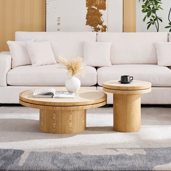 DRNANLIT Set of 2 Round Coffee Tables  19.49" & 35.43" MDF Pedestal Tables with Sintered Stone Tabletops, Nesting or Separate Use for Living Room, Apartment, Reception, Natural