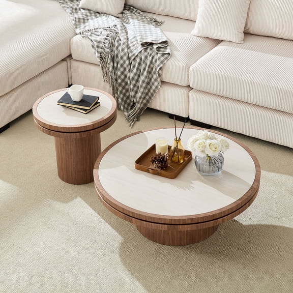 DRNANLIT Set of 2 Round Coffee Tables 19.49" & 35.43" MDF Pedestal Tables with Sintered Stone Tabletops, Nesting or Separate Use for Living Room, Apartment, Reception, Walnut