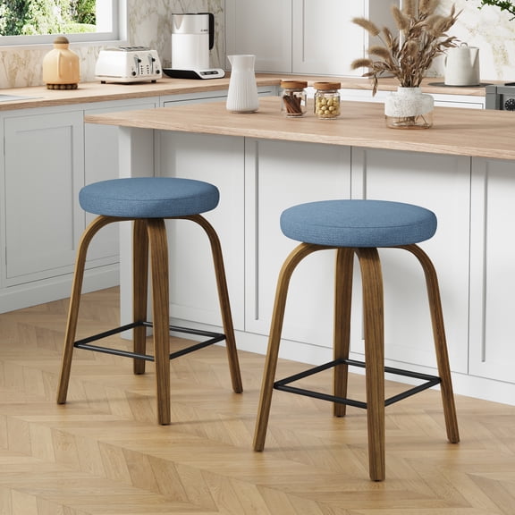 DRNANLIT Set of 2 Swivel Bar Stools, Mid-Century Modern Backless Bar Stools, Wood Legs & Metal Footrest, Island Stools for Home Bar Kitchen Restaurant, Blue 26" Bar Height