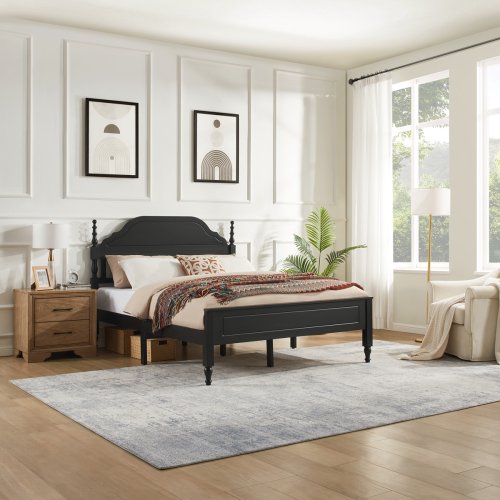 DRNANLIT Solid Wood Bed Frame Elegant with Padded Headboard & Footboard, Center Metal Legs, Easy Assembly, No Box Spring Needed,Queen Size,Black